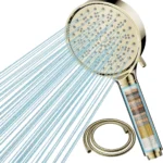 Pommeau de douche mural rectangulaire doré à 6 jets et filtre Vendos85