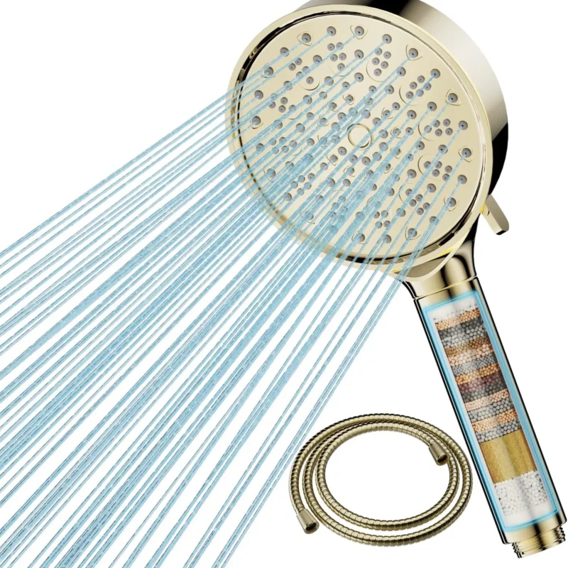 Pommeau de douche mural rectangulaire doré à 6 jets et filtre Vendos85