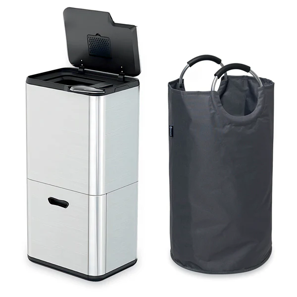 Lot poubelle de cuisine 3 bacs de tri sélectif 63 L inox et grand panier de tri 72 L Mathon